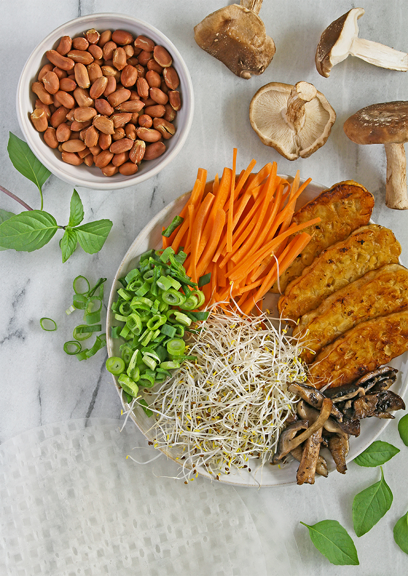 Ingredienser till färska vårrullar; rispapper, en skål jordnötter,shiitakesvampar, stekt tempeh, morotsstavar, groddar thaibasilika och skivad salladslök.